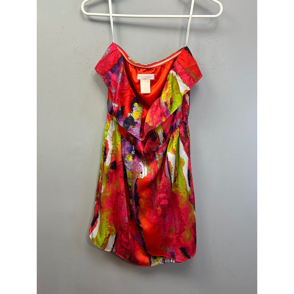 MM Couture Dress Women‎ S Red Multicolor Abstract Watercolor Ruffle Strapless